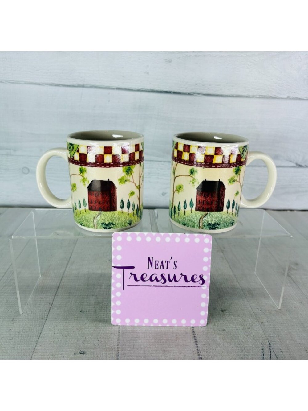 Thomson Pottery COUNTRY HOME Red White Check Farmhouse Tree 10 oz Cup Mugs Set 2